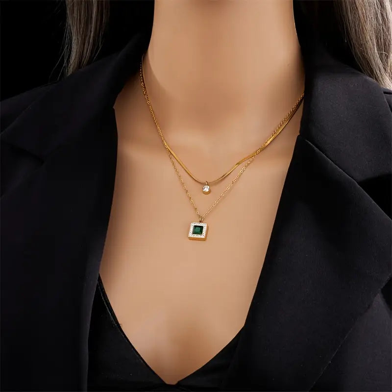 Double-Layer Necklace with Green Square Pendant