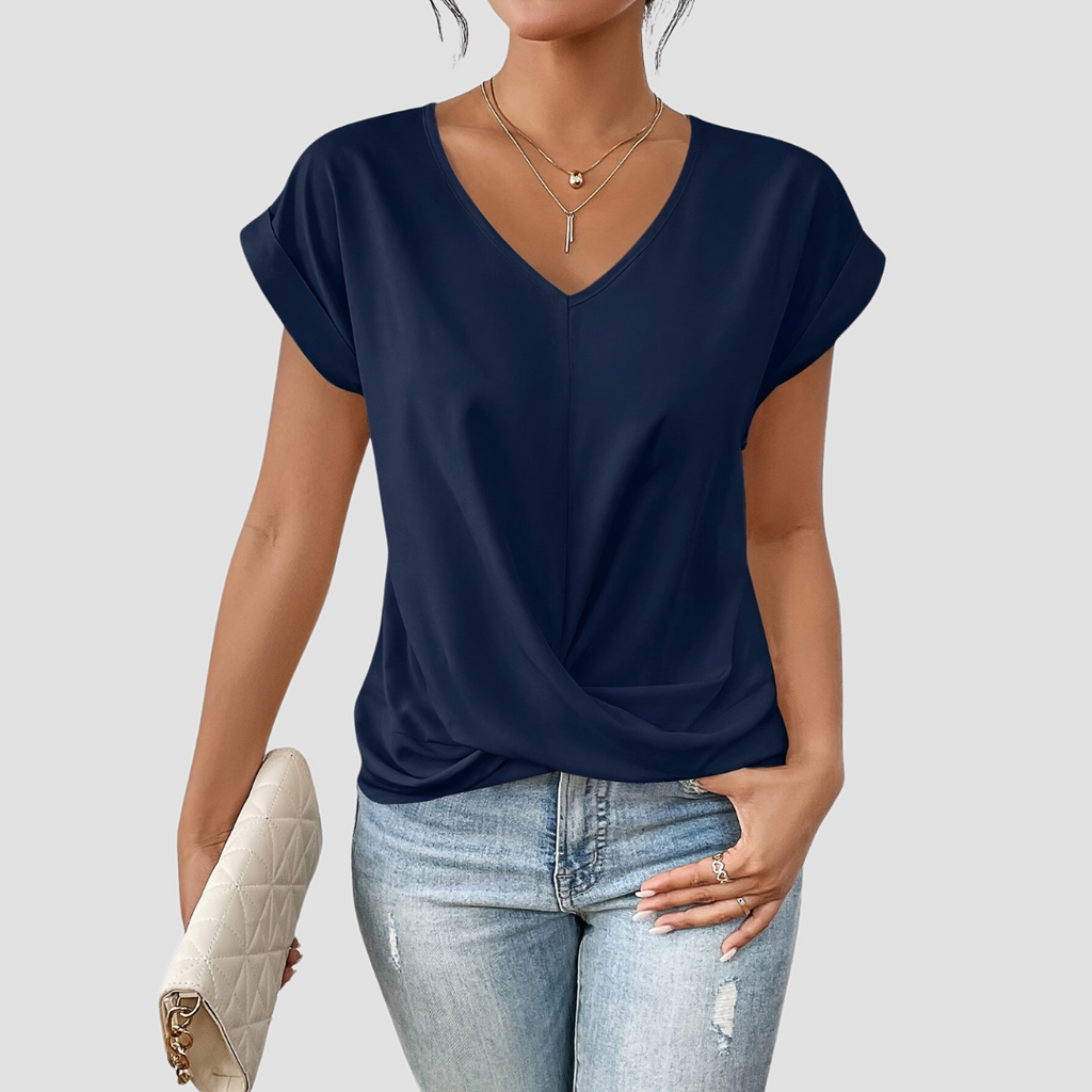 V-Neck Twist-Front Blouse with Short Sleeves