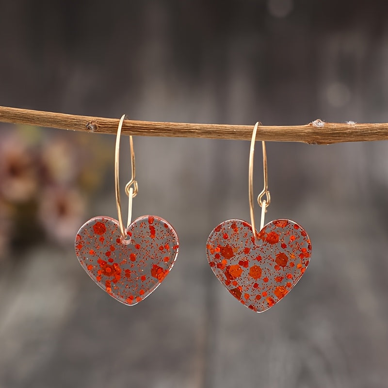 Vintage Resin Glitter Heart Pendant Earrings