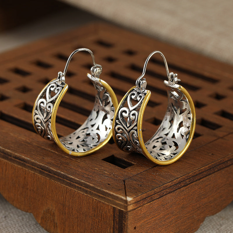 Vintage Two-Tone Hand-Carved Bohemian Hoop Earrings
