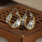 Vintage Two-Tone Hand-Carved Bohemian Hoop Earrings