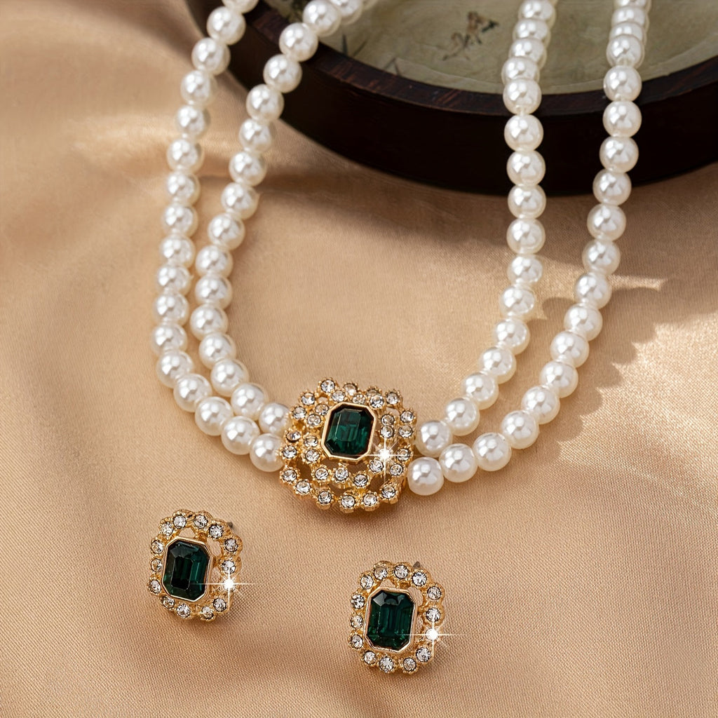Pearl Strand Necklace and Green Stone Earrings Set