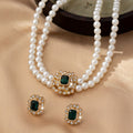 Pearl Strand Necklace and Green Stone Earrings Set