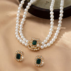 Pearl Strand Necklace and Green Stone Earrings Set