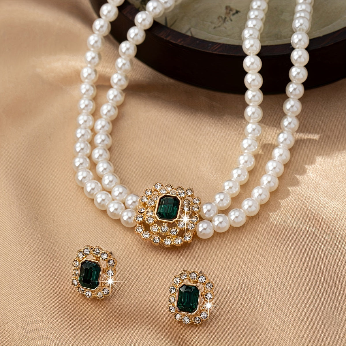 Pearl Strand Necklace and Green Stone Earrings Set