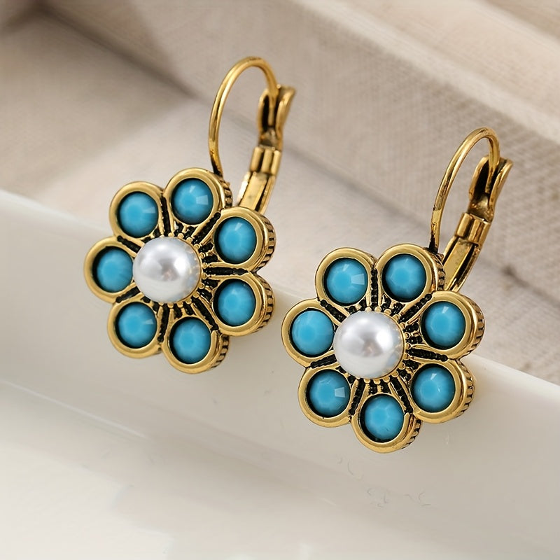Vintage Turquoise and Pearl Flower Earrings