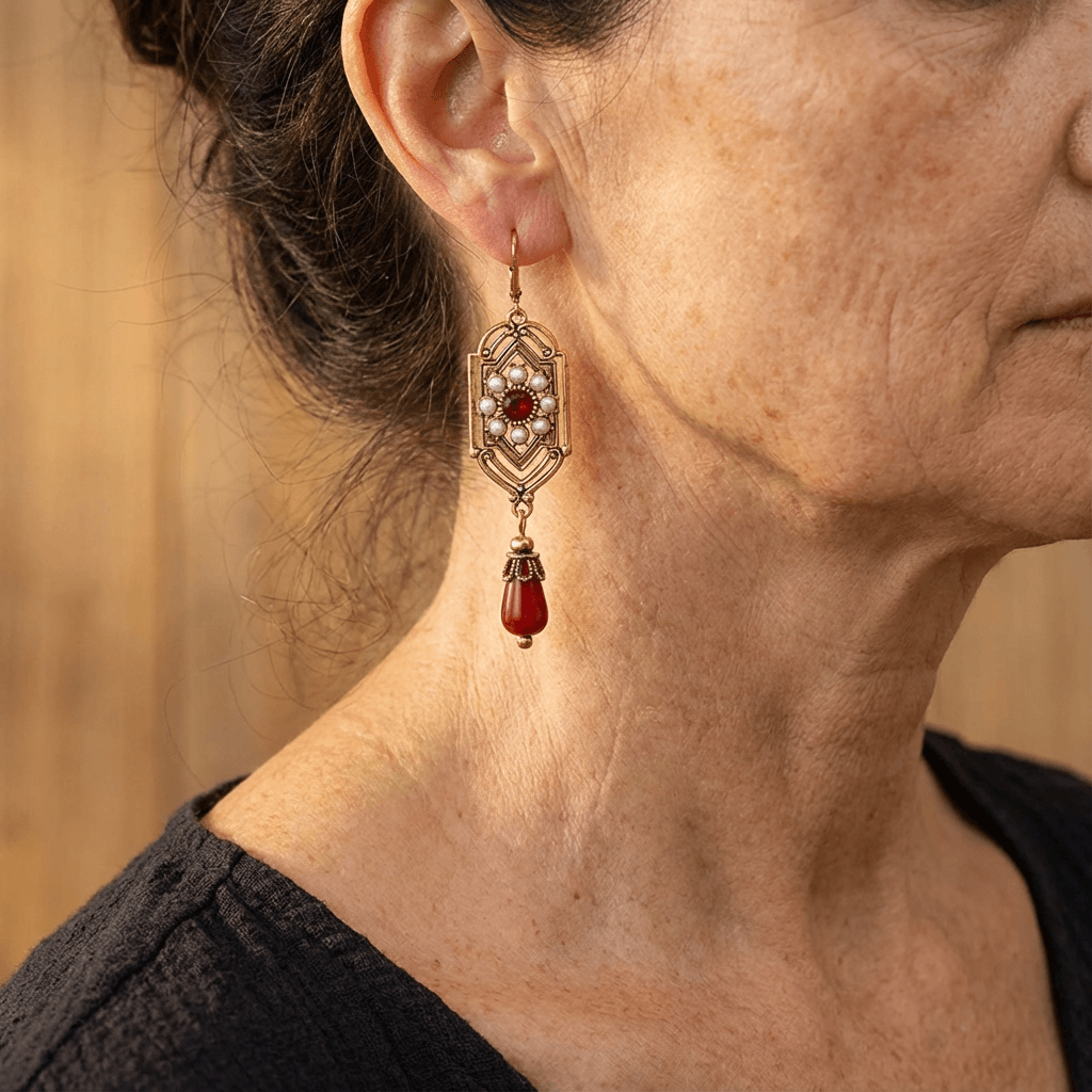 Art Deco Garnet-Look and Pearl Drop Earrings