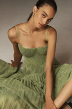 Pleated Corset-Bodice Slim-Strap Maxi Dress