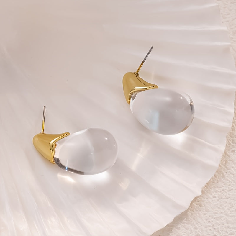 Clear Glass Teardrop Earrings with Gold-Tone Caps