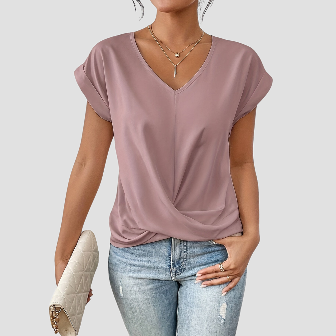 V-Neck Twist-Front Blouse with Short Sleeves