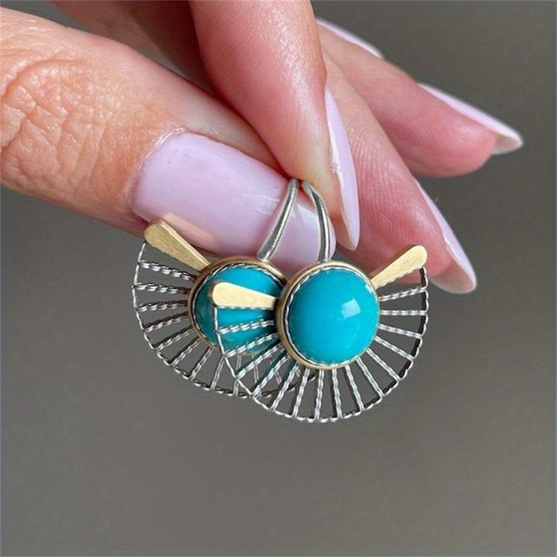 Bohemian Turquoise Fan-Shaped Hollow Hook Earrings
