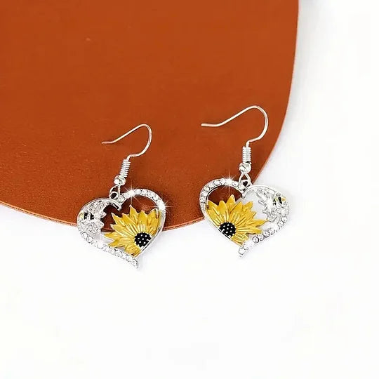 Vintage-Style Sunflower, Bee and Heart Dangle Earrings
