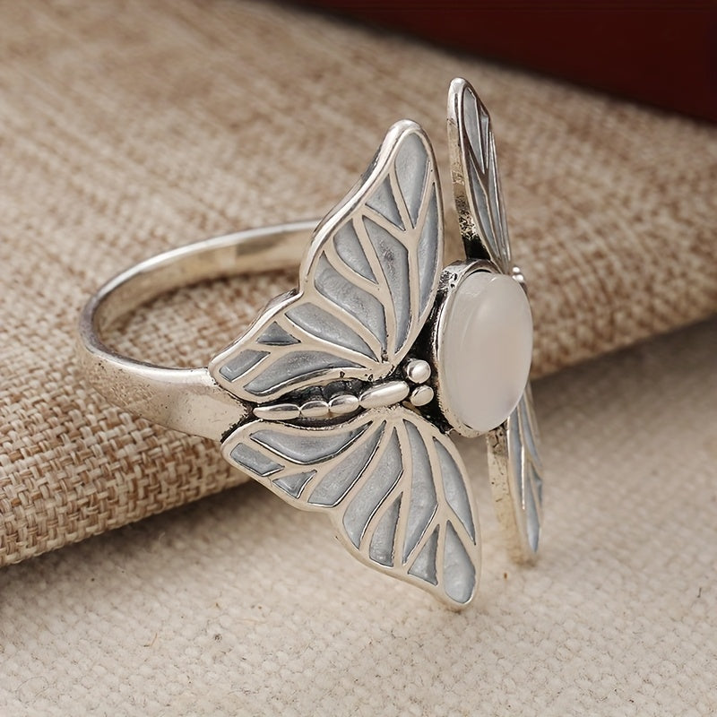 Silver-Plated Butterfly Oval Moonstone Ring