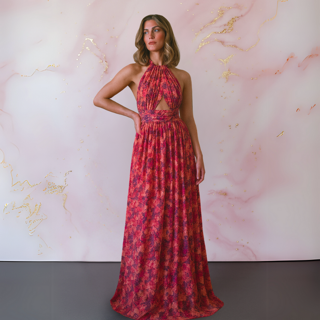 Sleeveless Halter Backless Front-Slit Maxi Dress