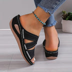 Faux Leather Open-Toe Wedge Heel Sandals with Floral Stitching