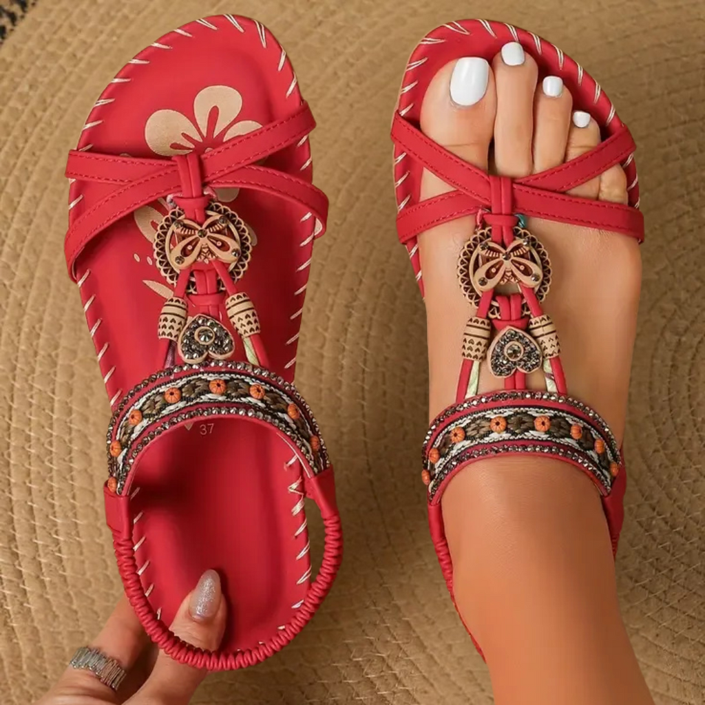 Beaded Flat T-Strap Sandals with Patterned Footbed