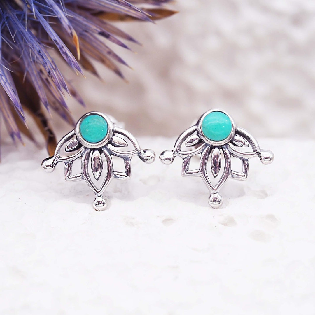 Lotus Turquoise Stone Silver-Tone Earrings