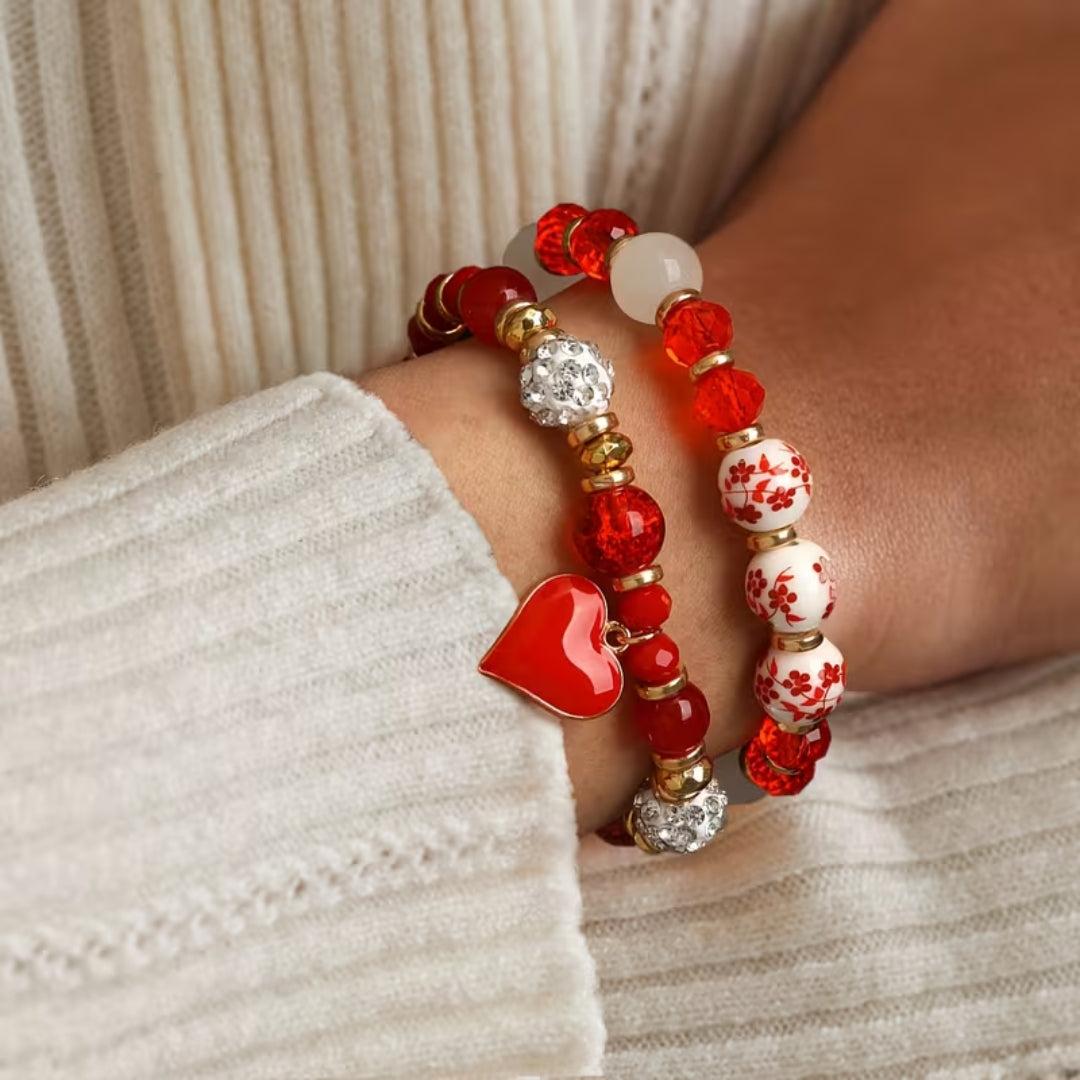 Red Heart Beaded Bracelet Set