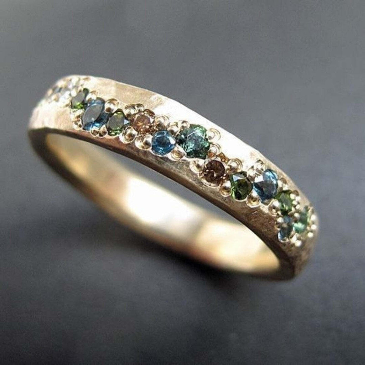 Gold-Tone Half-Eternity Ring with Blue-Green Crystals