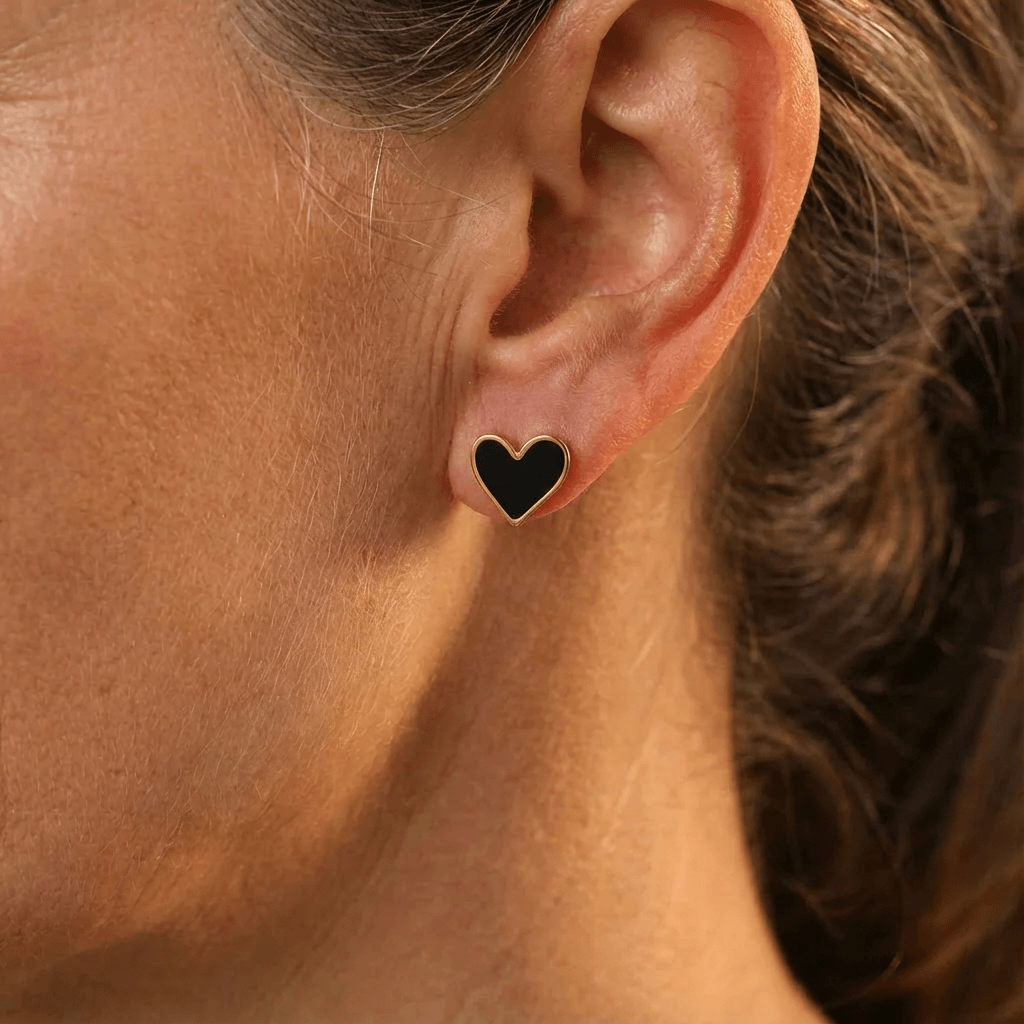Boho Black Enamel Heart Stud Earrings
