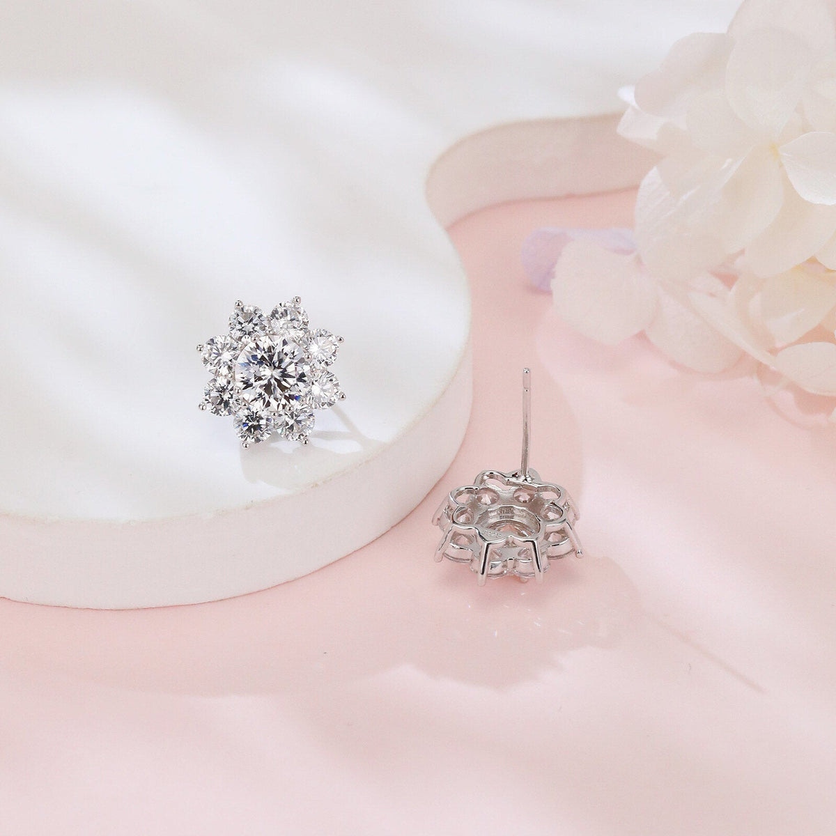 925 Sterling Silver Floral Moissanite Cluster Earrings with Petal Design