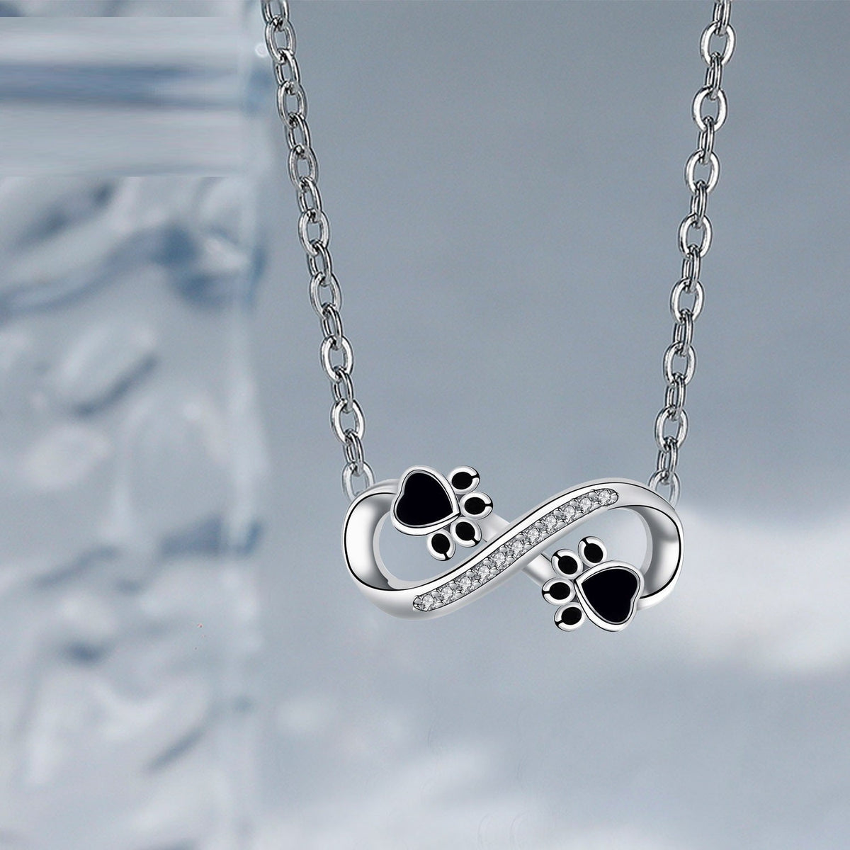 Black Infinity Paw Print Necklace with Zirconia