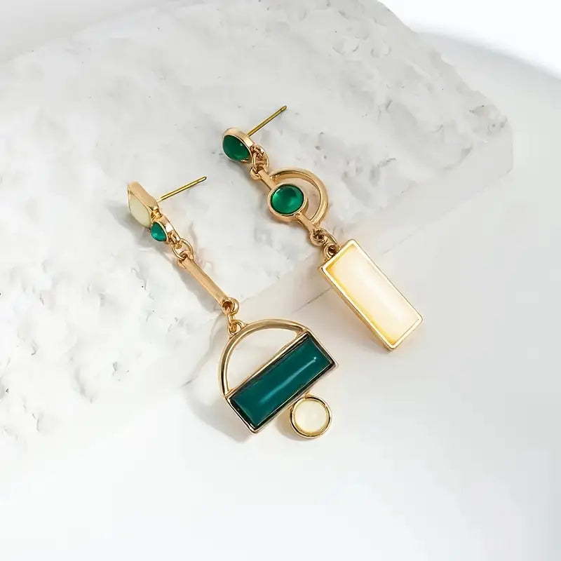 Green Stone Asymmetric Drop Earrings in Gold Tone