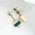 Green Stone Asymmetric Drop Earrings in Gold Tone