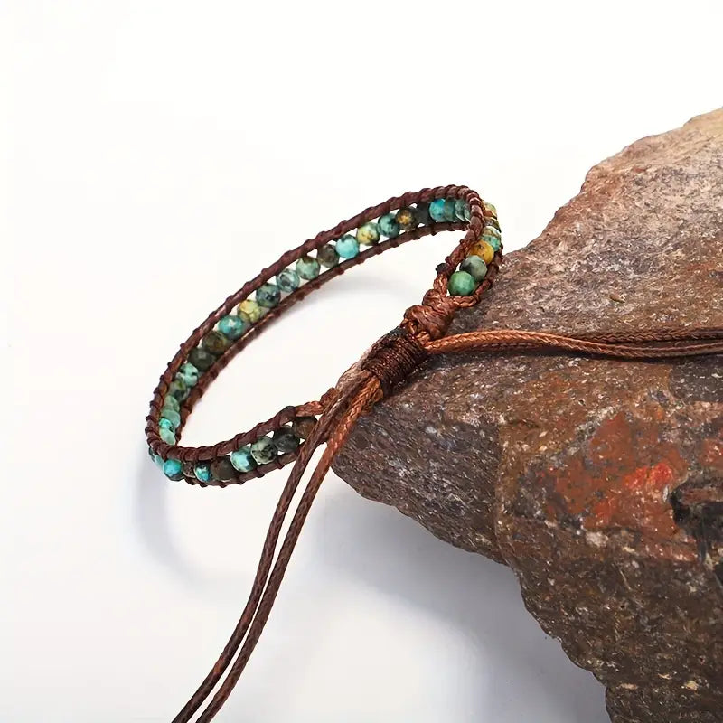 Turquoise Stone Bracelet Braided on Brown Cord