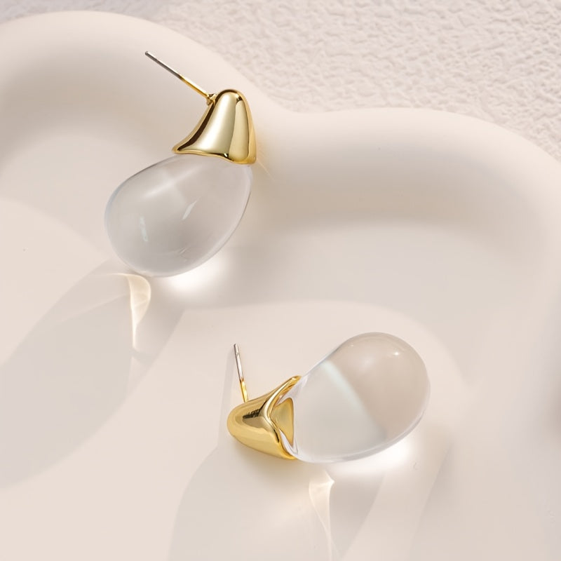 Clear Glass Teardrop Earrings with Gold-Tone Caps