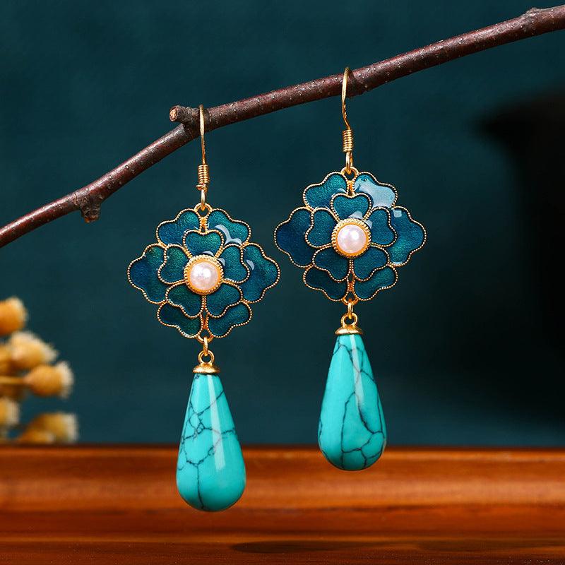 Vintage-Style Turquoise Floral and Pearl Drop Earrings