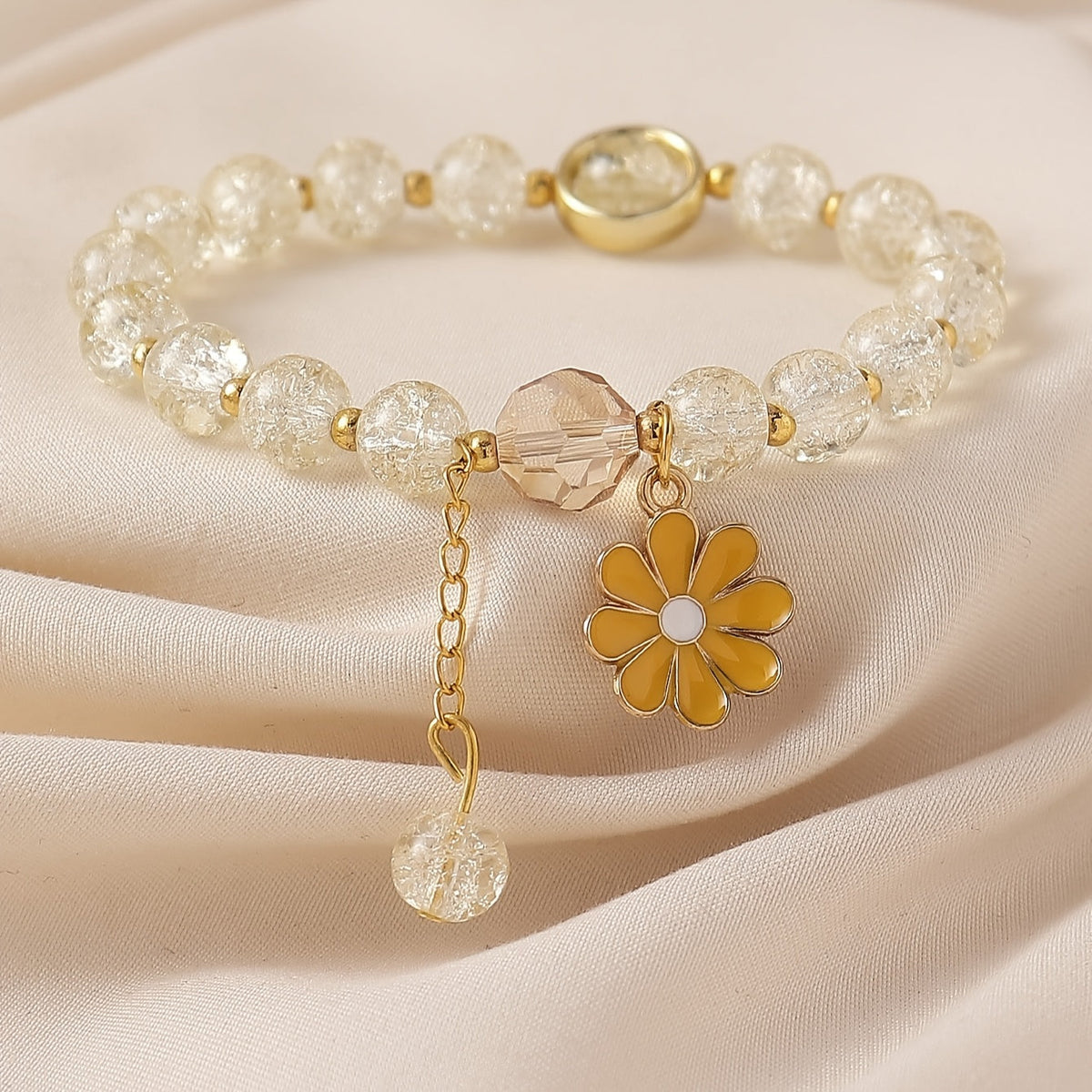 Crackle Glass Bead Bracelet with Daisy Pendant
