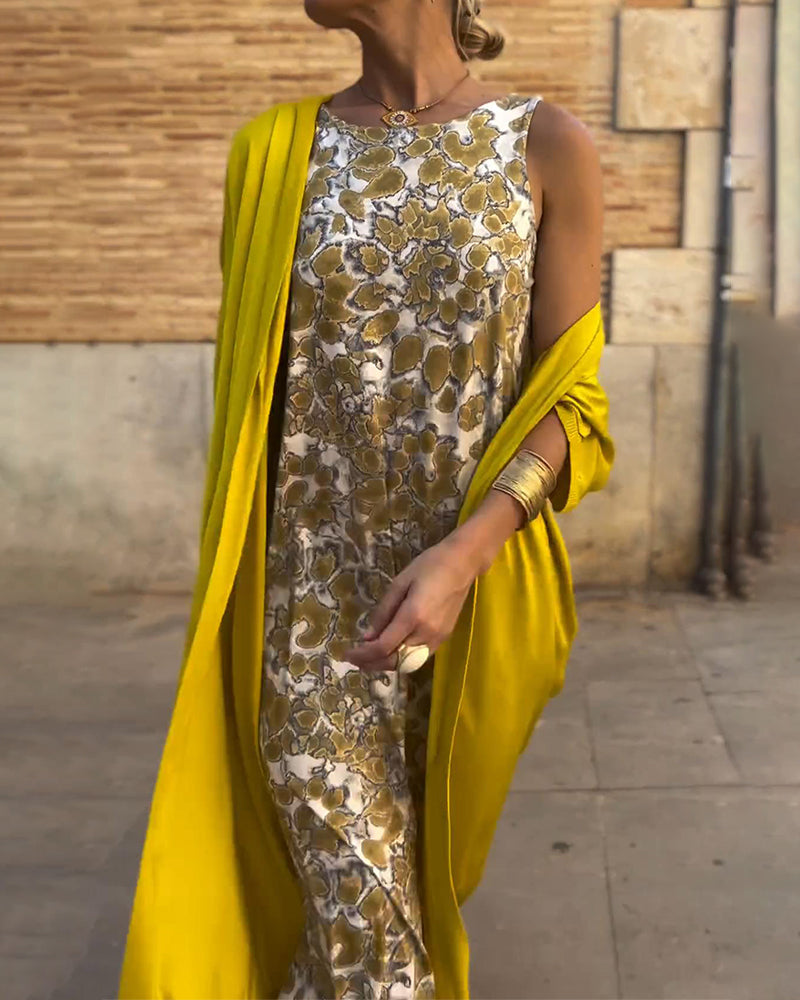 Printed Sleeveless Maxi Dress With Matching Cardigan