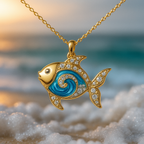 Gold-Tone Fish Necklace with Blue Opal-Look and Crystal Details