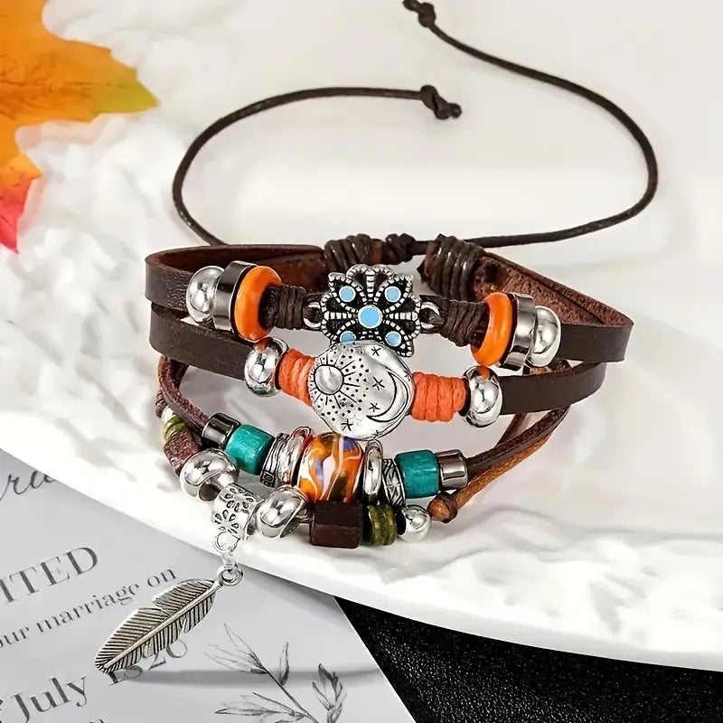 Leather and Bead Bracelet with Feather Charm