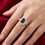 Sapphire-Look Gold-Tone Ring with Crystal Halo