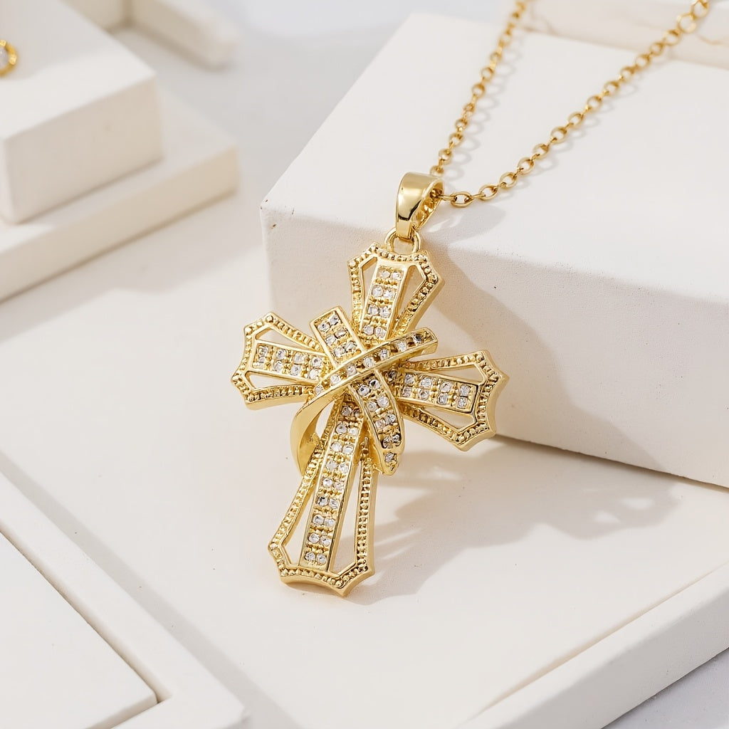 Radiant Cross Pendant Necklace in Gold Tone