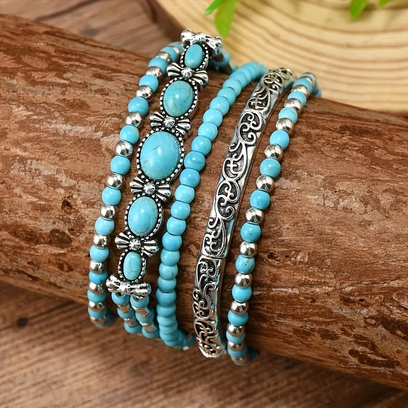 Five-Piece Vintage-Style Turquoise-Look Beaded Bracelet Set