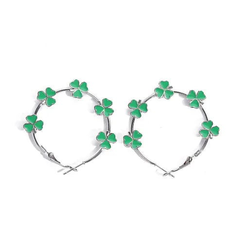 Vintage Bohemian Silver-Plated Green Floral Hoop Earrings