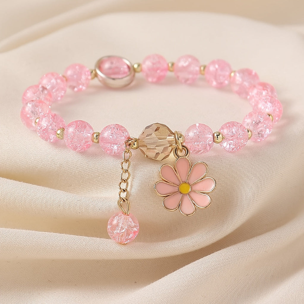 Crackle-glazen kralenarmband met madeliefjeshanger