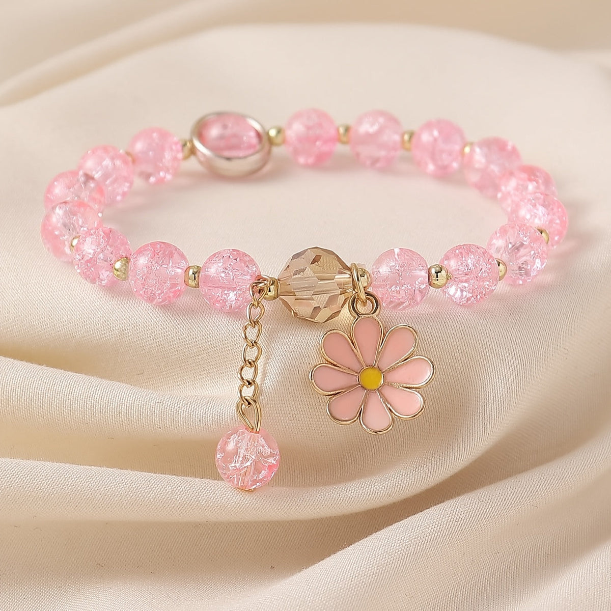 Crackle Glass Bead Bracelet with Daisy Pendant