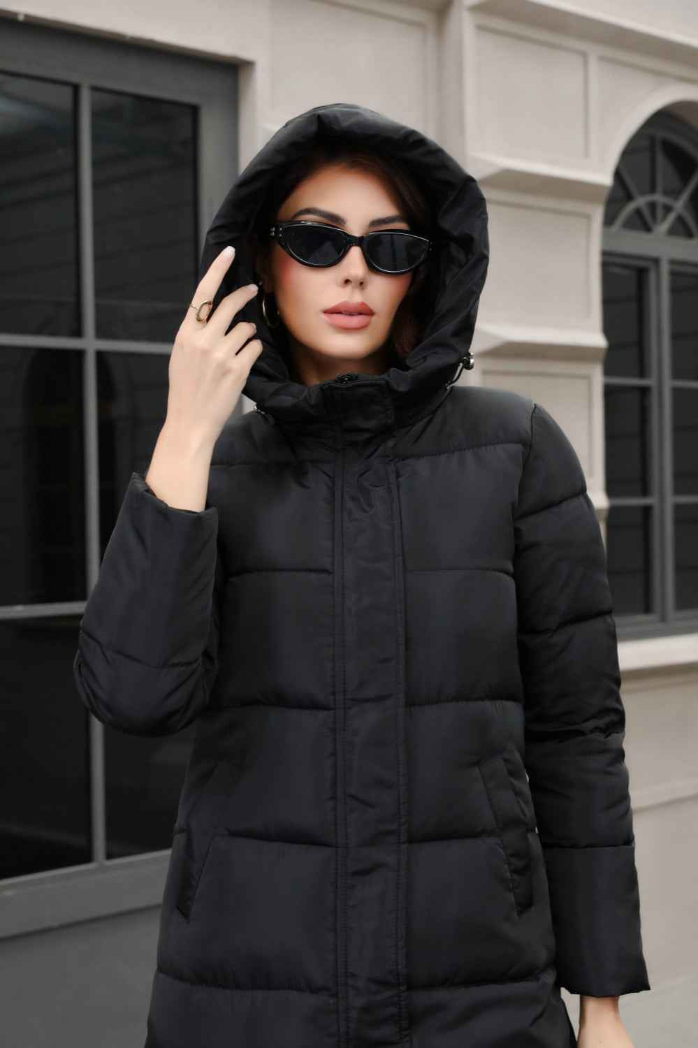 Hooded Longline Padded Jacket with Concealed Button Front