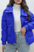 Quilted Hooded Jacket with High Collar and Drawstring Hem