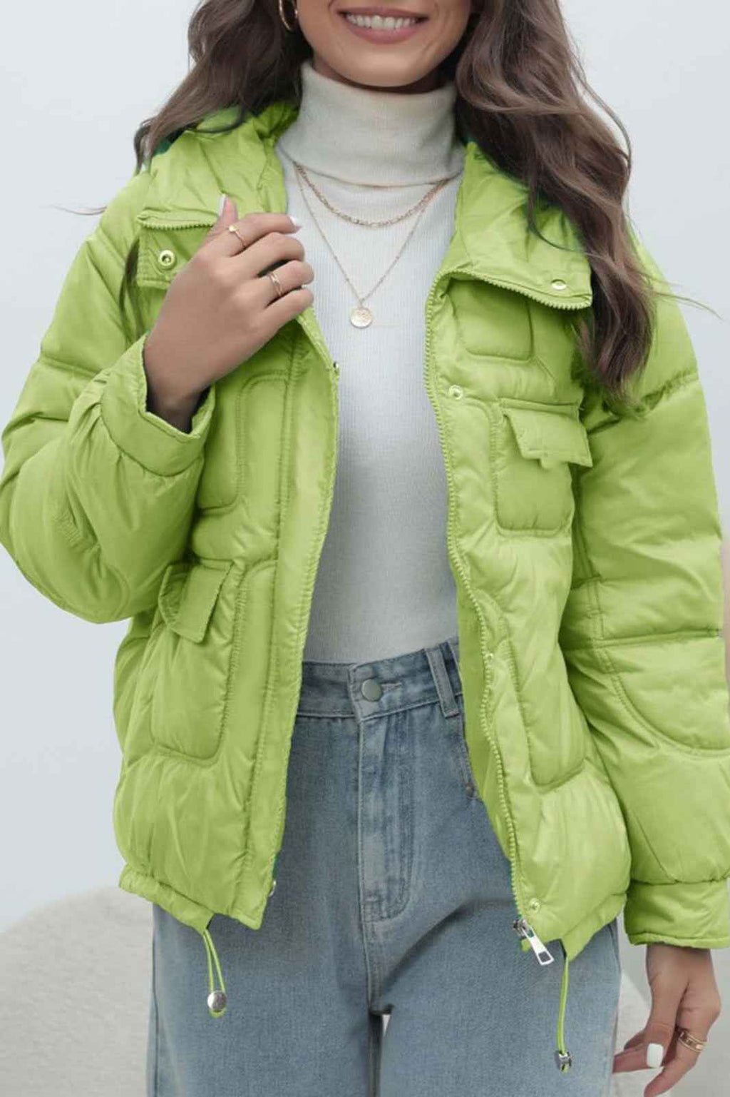 Quilted Hooded Jacket with High Collar and Drawstring Hem
