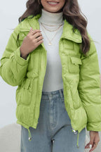 Quilted Hooded Jacket with High Collar and Drawstring Hem