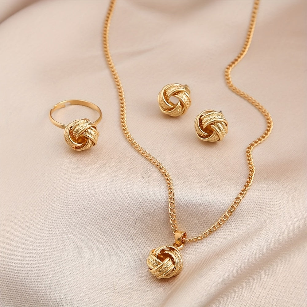 Hollow Knotted 3D Round Ring, Earrings and Necklace Set