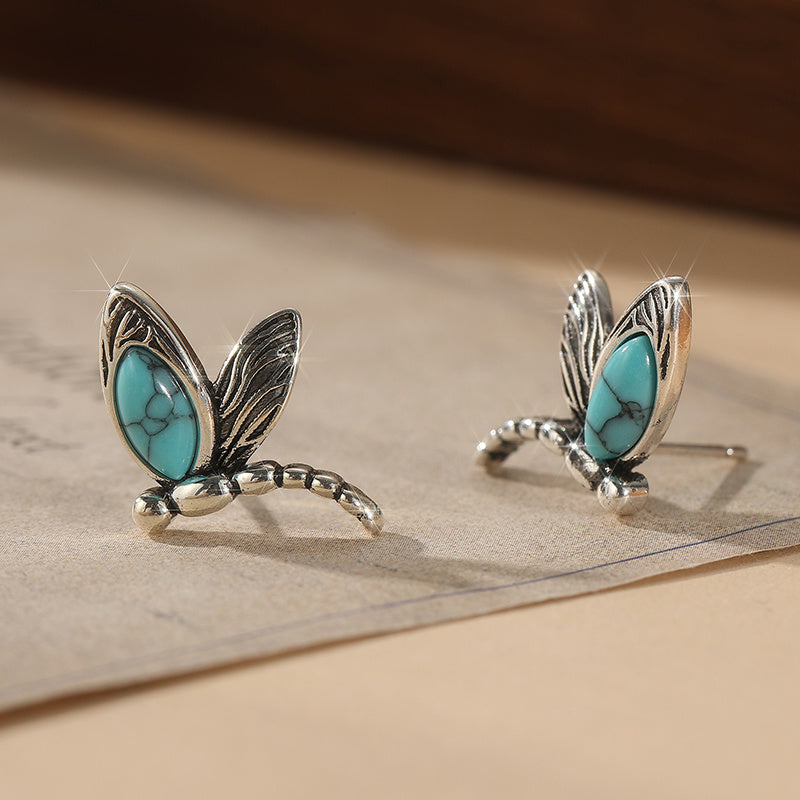 Vintage Turquoise Dragonfly Silver-Plated Stud Earrings