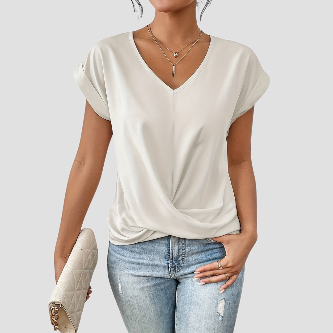 V-Neck Twist-Front Blouse with Short Sleeves