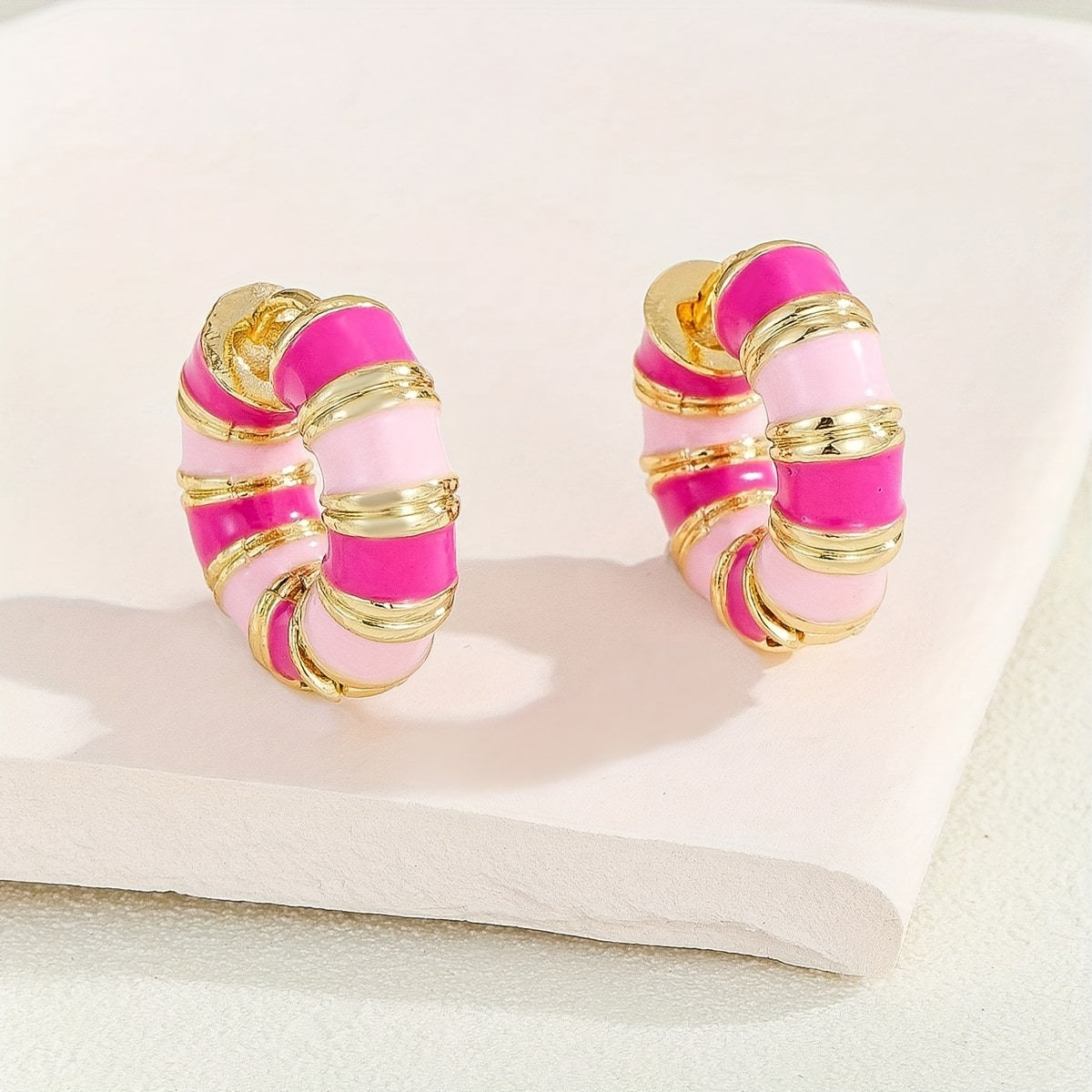 Vintage-Style Enamel Huggie Hoop Earrings with Gold-Tone Accents