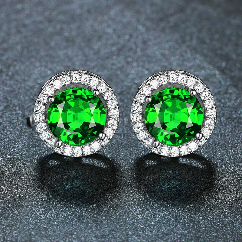 Round Green Stone Halo Stud Earrings in White Gold Tone